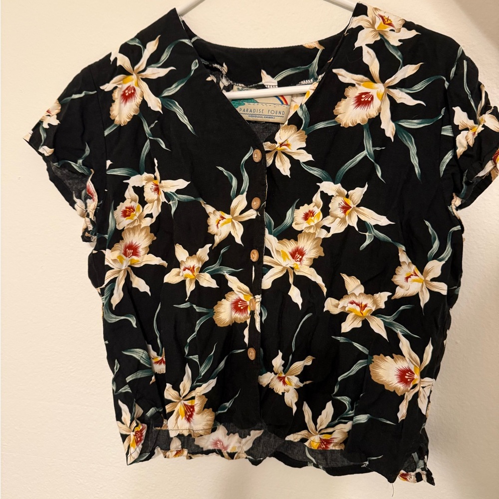 Black and Orange Mandarin Collar Crop Blouse